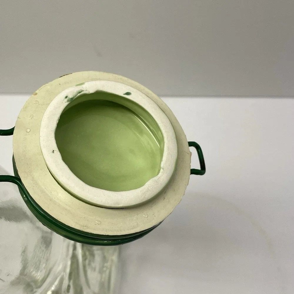 Vintage Glass Square & Round With Wire Bail @Clamp Bottle w/ Green‎ Leaf Cap